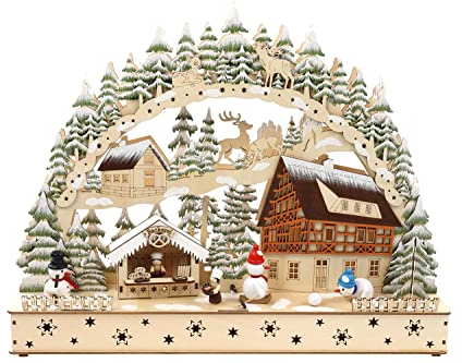 ELLUG 3D Schwibbogen Lichterbogen Holzschnitt Winterdorf und Schneemännern aus Holz zum Stellen mit Licht 49,5 * 11 * 39,5cm batteriebetrieben mit On-Off Schalter, Timer Funktion (6h On/18h Off)
