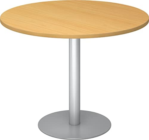 bümö Besprechungstisch, Esstisch klein, Tisch rund 100 cm - Kleiner Esstisch Buche, Rundtisch Esstisch 2 Personen mit Holz-Platte, Säule aus Metall in Silber, Konferenztisch, Bistrotisch