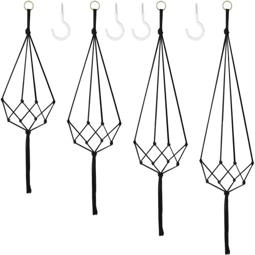 Augshy 4er Set Makramee Blumenampel,Boho Deko Baumwollseil Hängeampel Blumentopf Pflanzen Halter Aufhänger für Innen Außen Decken Balkone Wanddekoration (Schwarz)