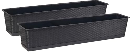 Tymar Blumenkasten mit Untersetzer, 2 Stück,Rattan, Balkonkasten, Pflanzkasten aus Kunststoff, Garten, Balkon, Terrasse((2pack) Anthrazit, 50cm)