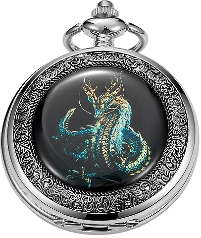 Tiong Mechanische Taschenuhr im Retro-Drachen-Design, mechanische Taschenuhr, römische Ziffern, mechanische Taschenuhren für Herren, mit Kette, Geschenk, Mpw151-UK…