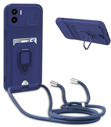 BGHHEU Handykette Schutzhülle kompatibel mit Xiaomi Redmi A1 / A2 4G Handyhülle mit Band,Schiebe Kameraschutz,360 Grad Ringhalter Stand,Kartenfach,Verstellbarer Halskette Silikon hülle - Blau