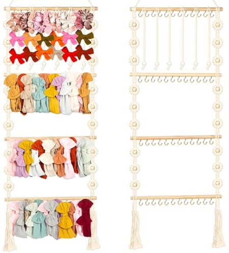Organizador de lazos para el pelo para niñas – Soporte para diadema de macramé para bebé niña con 48 ganchos de metal, 6 eslingas y cuentas de madera – Organizador de lazos para bebé que ahorra
