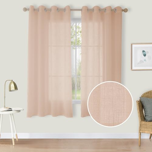 CUCRAF Leinenoptik Voile Vorhänge mit Ösen Halbtransparent Gardine für Schlafzimmer Wohnzimmer H160 x B140cm 2er Set,Baby Rosa