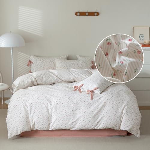 Pink Flower Duvet Cover Queen Vintage Garden Style Girls Comforter Cover Pink Stripes Bedding Set Cotton Rose Flower Comforter Cover with 2 Bow Ties Pillowcases Botanical Cottagecore Duvet Cover Set