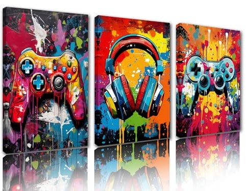 Tucocoo Büro-Dekoration für Herren, Banksy-Game-Controller-Bilder, Graffiti-Kopfhörer, Gemälde, 3-teilige Leinwand, Straßenkunst, bunte Wandkunst, Heimdekoration für Wohnzimmer, gerahmt, fertig zum