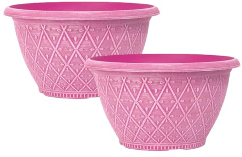 Fyne-Finds Set of 2 Plastic Prisma Bowl Planter 25cm,10inch Powdered Raspberry Pink 4L Garden Plant Pot