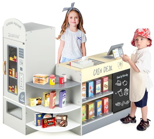 GOPLUS Kinder Kaufladen, Supermarkt aus Holz, Kaufmannsladen mit mit Kasse, POS-Automat & Verkaufsautomat, Einkaufsladen Rollenspiele mit 15 Zubehör & Tafel für Kinder von 3-8 Jahren (Grau)
