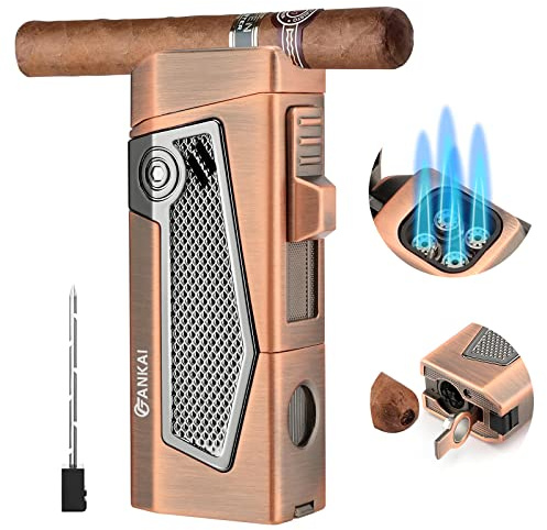FANKAI Accendisigari con 4 Torce Jet Flame, Perforatore di Sigari, Portasigari, Potenziatore per Sigari, Accendino Torcia Ricaricabile, Multifunzionali Accendini Antivento per Fumare (BRONZO)