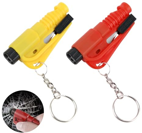 CAISYE 2 Stück Das Original Notfall-Schlüsselbund-Auto-Fluchtwerkzeug - Auto-Sicherheitsschlüsselanhänger 3 in 1 - Notfallglasbrecher, Gürtelschneider, Notfallpfeife, Fluoreszierend - Gelb,Rot