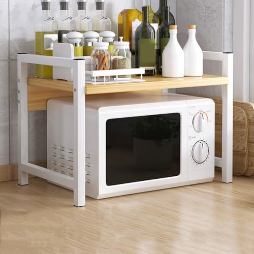 Microwave Shelf 2 Tiers, Microwave Oven Rack for Kitchen Counter, Free Standing Metal Frame with Wood Tabletop, Heavy Duty Kitchen Unit Storage Baker Shelf for Tabletop Countertop