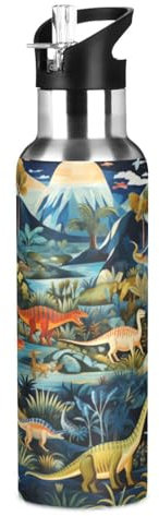 Wzzzsun Dessin Animé Bébé Dinosaures Dragon Isotherme Bouteille d'eau avec Paille, Gourde Sport en Acier Inoxydable 600ML Gourdes sans BPA pour Enfant Garçon Fille École Bureau