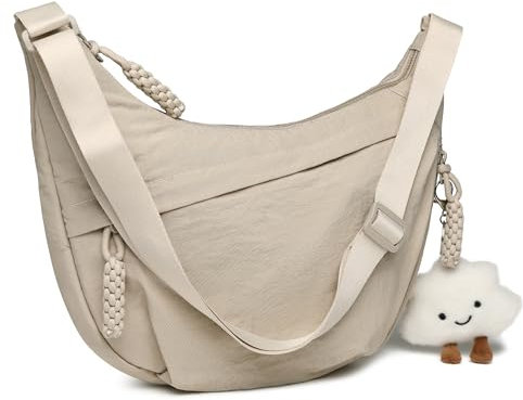 Micmores Crossbody Bag Damen Umhängetasche, Nylon Schultertasche Moon Bag Stylische Halbmond Tasche mit verstellbarer Schultergurt, Hobo Casual Handtasche für Arbeit, Reisen, Alltag(Beige)