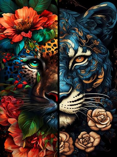 igoodom Leopard Diamond Painting Erwachsene, Blue Leopard with Blumen Diamant Painting Bilder Tiere Diamont Painting Diamond Painting Set für Beginners Home Wall Decor(30x40cm)