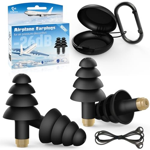 Tapones Oidos Cancelacion de Ruido, 2 Pares de Tapones para los Oídos Reutilizables para Avión 26dB, con Cordón Conector de Silicona, Protección Auditiva para Avión, Conciertos, Motos, Trabajo
