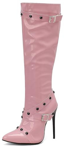 Gicoiz Donna Appuntito Inverno Festa Stivali Alti Fibbia Moda Tacco a Spillos Cremallera Lateral Equestrian Riding Booty Eleganti Rosa Numero 39 EU-40Cn