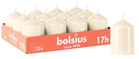 Bolsius Glatte Stumpenkerzen - Elfenbein - 12 Stück - 8 x 6 cm - Dekorative Haushaltkerzen - Brenndauer 17 Stunden - Unparfümierte - Enthält Natürliches Pflanzenwachs - Ohne Palmöl