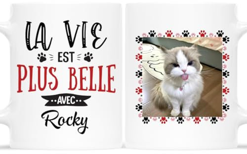 𝗖𝗔𝗗𝗘𝗔𝗨 𝗣𝗟𝗨𝗦 Mug Personnalisé Prénom et Photo - Mug La Vie Est Plus Belle Avec Votre Ami 4 Pattes - Mug Humour Chat Chien, Tasse Message Drôle, Animaux Idée Cadeau Original