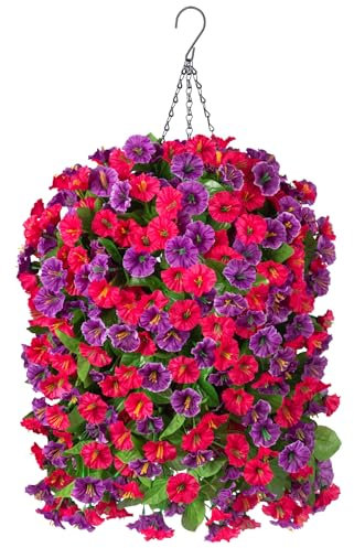 Cestas colgantes con flores artificiales para plantas de interior y exterior, seda sintética, enredaderas de gloria matutina, arreglo de plantas verdes sintéticas para jardín y patio (rosa rojo