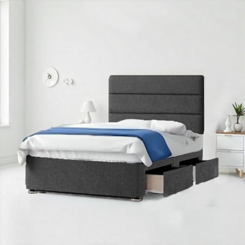 BED TIME UK - Comfortable Black Plush Divan Single Bed | Bed Frame with 2 Storage Drawers and 20” Horizontal Headboard | Single Bed with Mattress Included Spring Memory Foam | Bedroom Furniture