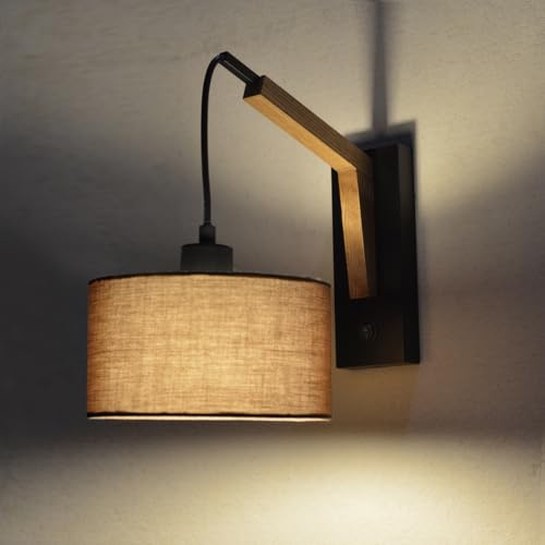 Wooden Wall Light with Switch, Fabric Shade Wall Lamp for Bedroom, Vintage E27 Designer Wall Sconce, Modern Indoor Lighting for Hallway, Bedside, Living Room, Guest Room, Nightstand Lamp, 1pcs
