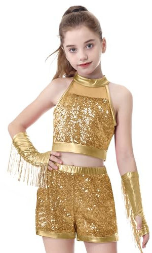 LOLANTA Set Danza con Paillettes per Bambina, Top+Pantaloncini | Tute Metallizzate, Costumi Hip Hop, Abiti Danza Brillanti, per Esibizioni, Tute per Gare di Danza