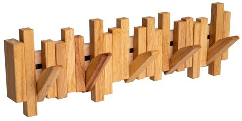 Garderobenleiste Holz, Wandhaken, Garderobe, Kleiderhaken, Garderobenhaken, 100% Naturholz, 5 Klappbaren Haken, Innovatives Design (Hellbraun)
