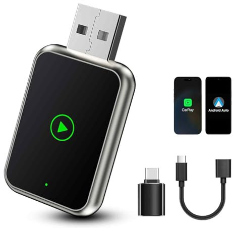 Adaptateur CarPlay sans Fil & Android Auto sans Fil, 2 en 1 Wireless Carplay Adapter avec USB C/A, Plug and Play, Supporte Bluetooth/WiFi/Google Assistant/Siri, for iPhone iOS 10+, 5.0GHz WiFi