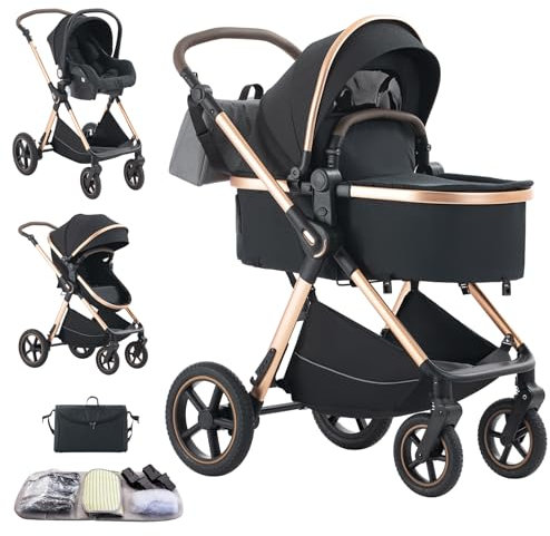 Mobayta Kinderwagen 3 in 1 Komplettset Baby Kombikinderwagen bis 22kg, Zusammenklappbar, Große Gummireifen, Großer Einkaufskorb, Warmer FußsackOrganizer Tasche