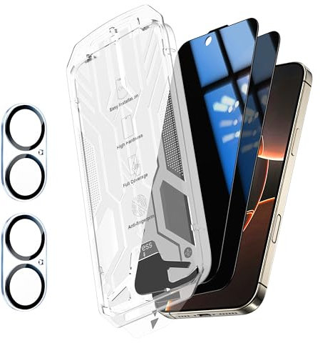 Caisemo 4-in-1 for Full Coverage for iPhone 16 6.1'' Privacy Screen Protector [Edge-to-Edge 45KG Military-Grade, 25° Anti-Spy Auto Dust-Proof ] + 2 Pack Camera Lens Protectors (2024)