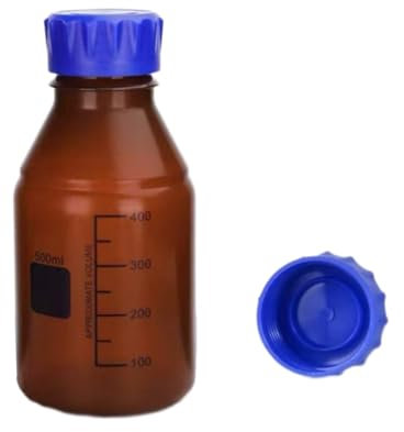 QOAEZK 500ml(17.6oz) PP Plastic reagent Bottles,Amber Scientific Round Graduated Media Bottle with Blue Gl45 Screw Cap for Lab Water Reagent Liquids (1PCS)