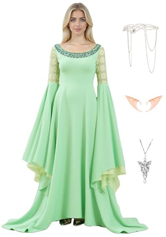 Cuzeolin Arwen Kostüm für Damen, Königin Kleid mit Kopfbedeckung, Elfe, Halloween, Cosplay, Mittelalter, Renaissance, Kleid, Größe XL
