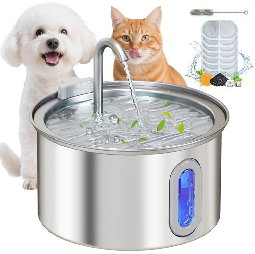 PawHut Cat Water Fountain for Drinking, 2.5L Stainless Steel Automatic Cat Fountain with Ultra-Quiet Pump, Water-Level Indicator, 7 Replacement Filters