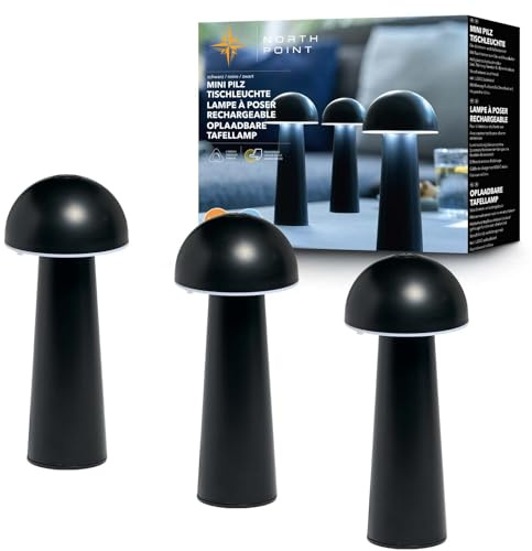 Northpoint Moderne LED Akku Tischleuchte in Pilzform im 3er-Set für den Innen- und Außenbereich stufenlos dimmbar USB-Ladung CCT Farbwechsel (schwarz, Pilzform)