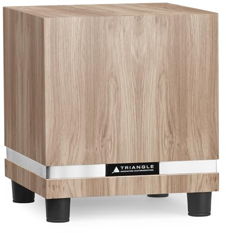 Triangle – Caisson de Basse THETIS 340 avec Amplificateur 250W – Bass Reflex - Haut-Parleur 25 cm – Entrées RCA/LFE/Haut Niveau - Télécommande - Musique et Home-Cinéma - 340x380x340 mm - Chêne Clair