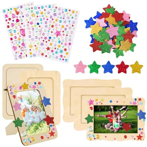 EVBOTGEE 6 Stück Holzbilderrahmen zum Bemalen Set DIY Bilderrahmen Basteln Selbst Gestalten mit Glitter Moosgummi 3D Stickern Kreatives Bastelset für Geschenkideen