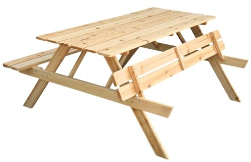 DELUKE Outdoor Picknicktisch KLEIS - 140cm, Massives Tannenholz, Faltbare Sitze | Picknickbank Sitzgruppe Aussen Bank Sitzbank Gartenbank