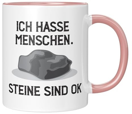 LIEBTASTISCH - Tasse mit Spruch Ich hasse Menschen Steine sind ok - Lustiges Geschenk fuer Maenner Frauen - Kaffeetasse Sprueche - Geschenkidee - Rosa