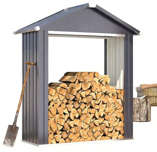 YODOLLA Heavy Duty Galvanized Steel Log Store – Outdoor Firewood Shelter with Apex Roof, Weatherproof Garden Storage for Wood, Kindling & Tools (Grey)