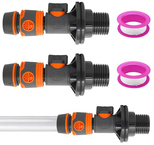 Lurtgex® Regentonnendurchführung Tankdurchführung 3/4 Zoll Mit Absperrhahn | 2er Set 16mm Außengewinde & Quick Connector, 2X Regentonne Schlauchkupplung Tankdurchführung 1/2 Zoll + 2 Rollen Teflonband