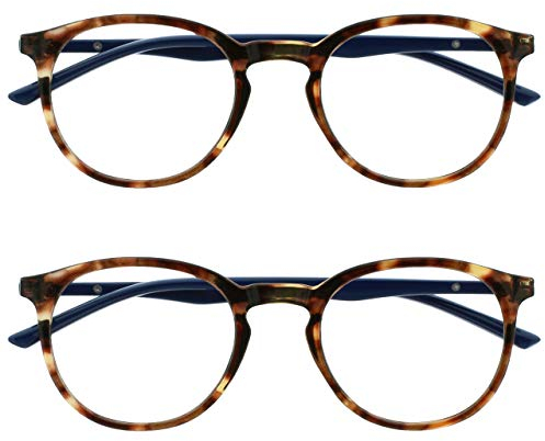 OPULIZE Met Lesebrille 2er Pack Schlank Runder Rahmen Federscharniere Kratzfest Braun Schildpatt Blau Bügel Herren Damen RR60-2 +1.50