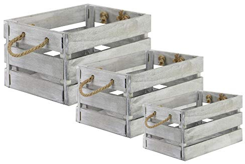 Wooden Storage Crates - Set of 3 | Vintage Display Bushel Boxes With Rope Handles | Decorative Grey Storage Basket | Rustic Home Decor | 3 Sizes | M&W