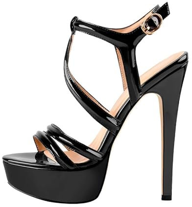 MissHeel Women's Open Toe Stiletto Heels Crisscross Band Buckle Strap Open-back High Heel Platform Ankle Sandals Black Size 5