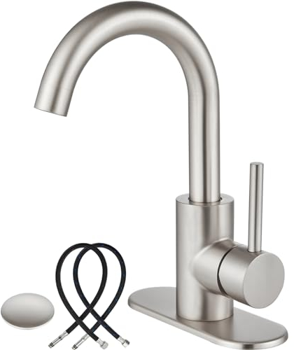 Waschtischarmatur aus gebürstetem Nickel, 1 Loch, Einhandgriff, Deckmontage, WC, SUS304 Edelstahl, mit Ablaufgarnitur mit Überlauf und Abdeckplatte, kommerziell