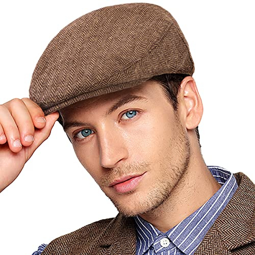LADYBRO Herringbone Flat Ivy Newsboy Cap für Herren Klassische Wollmischung Tweed Cabbie Hut, Gefülltes Steppfutter, braun, 7 3/8/7 5/8