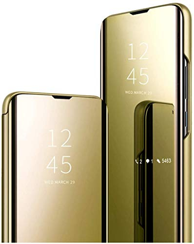 Spiegel Flip Cover kompatibel mit Xiaomi Mi Note 10 Lite Clear View Standing Hülle Handyhülle Mirror Makeup Plating Schutzhülle Standfunktion Handy Tasche Bumper Protective Case,Gold