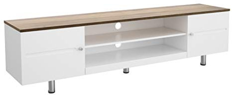 AVF Rectangular Wooden TV Stand - Satin White and Rustic Wood Finish - Soft Close Doors With Soundbar Friendly Open Storage Shelving - Country Cottage Style - Up to 85 - FS1900WSSW