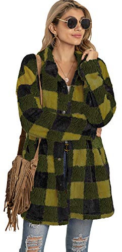 EFOFEI Damen Urban Style Hemdbluse Oversize Kariert Freizeit mit zufällige Knöpfen Plaid Shirt Freizeithemd Grün+Gelb XL