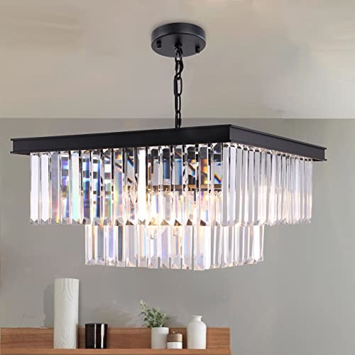 Wellmet Modern Kristall Kronleuchter 9-Licht 50cm Kristallleuchter Schwarz Kristall Pendelleuchte Esstisch Deckenleuchte Led Hängelampe Lüster Wohnzimmer Deckenlampe hängend Küche Hängeleuchte