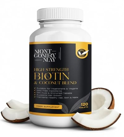 Montgomery May Biotin Tablets Supplement - Biotin 10000 mcg to Support Healthier Hair, Stronger Nails & Glowing Skin - High Strength Blend with Coconut Extract - 120 Vegan Tablets